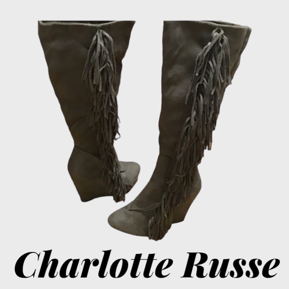 Women’s Gray Fringe Wedge Heel Mid Calf High Boots Size 8 - Picture 1 of 3